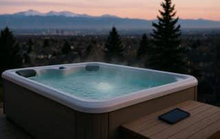 Stock photo of a modern outdoor hot tub on a deck with a smart device nearby, set against a Denver landscape at dusk, emphasizing technology and relaxation.