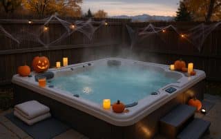 A backyard hot tub set for a Halloween party in Denver at dusk, with pumpkins, safe LED lights, and autumn leaves, no people present.